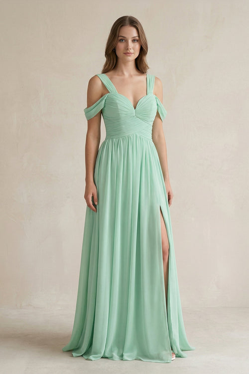 Off-the-Shoulder A-Line Chiffon Bridesmaid Dress With Slit in Pale Pistachio - KissProm BRIDESMAID DRESSES