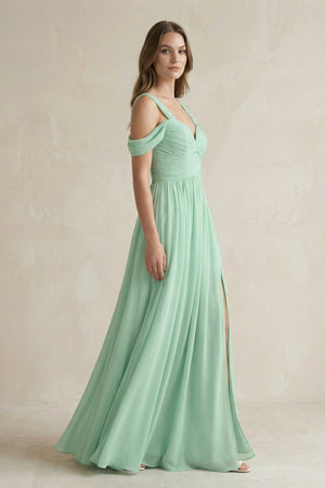Off-the-Shoulder A-Line Chiffon Bridesmaid Dress With Slit in Pale Pistachio - KissProm BRIDESMAID DRESSES