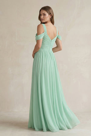 Off-the-Shoulder A-Line Chiffon Bridesmaid Dress With Slit in Pale Pistachio - KissProm BRIDESMAID DRESSES