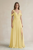 Off - the - Shoulder A - Line Chiffon Bridesmaid Dress With Slit in Pastel Yellow - KissProm Bridesmaid Dresses