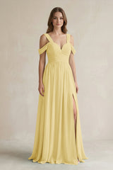 Off - the - Shoulder A - Line Chiffon Bridesmaid Dress With Slit in Pastel Yellow - KissProm Bridesmaid Dresses