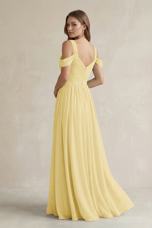 Off - the - Shoulder A - Line Chiffon Bridesmaid Dress With Slit in Pastel Yellow - KissProm Bridesmaid Dresses