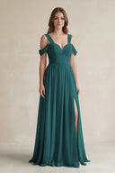 Off - the - Shoulder A - Line Chiffon Bridesmaid Dress With Slit in Pine - KissProm Bridesmaid Dresses
