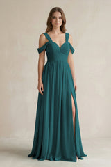 Off - the - Shoulder A - Line Chiffon Bridesmaid Dress With Slit in Pine - KissProm Bridesmaid Dresses
