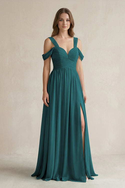 Off - the - Shoulder A - Line Chiffon Bridesmaid Dress With Slit in Pine - KissProm Bridesmaid Dresses