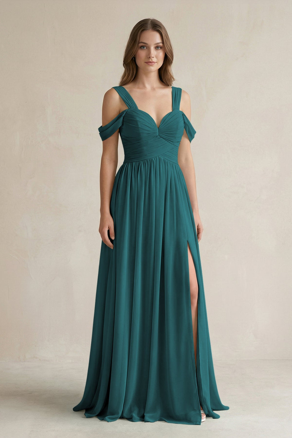 Off - the - Shoulder A - Line Chiffon Bridesmaid Dress With Slit in Pine - KissProm Bridesmaid Dresses