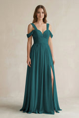 Off - the - Shoulder A - Line Chiffon Bridesmaid Dress With Slit in Pine - KissProm Bridesmaid Dresses
