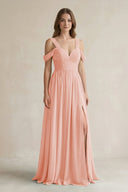 Off - the - Shoulder A - Line Chiffon Bridesmaid Dress With Slit in Rose Petal - KissProm Bridesmaid Dresses