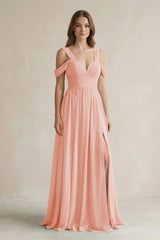 Off - the - Shoulder A - Line Chiffon Bridesmaid Dress With Slit in Rose Petal - KissProm Bridesmaid Dresses