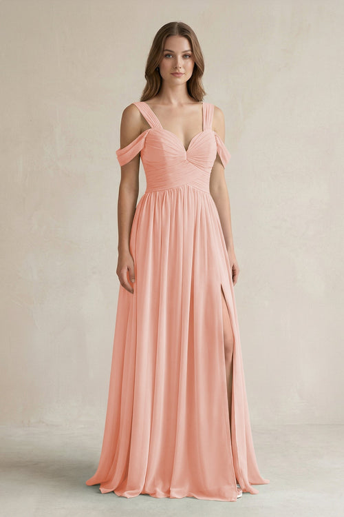 Off - the - Shoulder A - Line Chiffon Bridesmaid Dress With Slit in Rose Petal - KissProm Bridesmaid Dresses