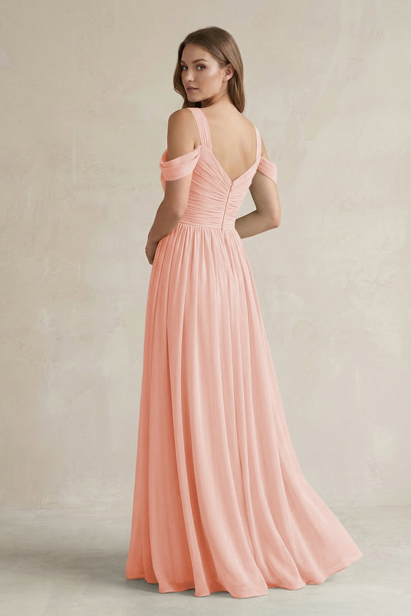 Off - the - Shoulder A - Line Chiffon Bridesmaid Dress With Slit in Rose Petal - KissProm Bridesmaid Dresses