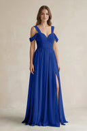 Off - the - Shoulder A - Line Chiffon Bridesmaid Dress With Slit in Royal Blue - KissProm Bridesmaid Dresses