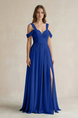 Off - the - Shoulder A - Line Chiffon Bridesmaid Dress With Slit in Royal Blue - KissProm Bridesmaid Dresses