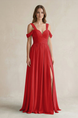 Off - the - Shoulder A - Line Chiffon Bridesmaid Dress With Slit in Ruby Red - KissProm Bridesmaid Dresses