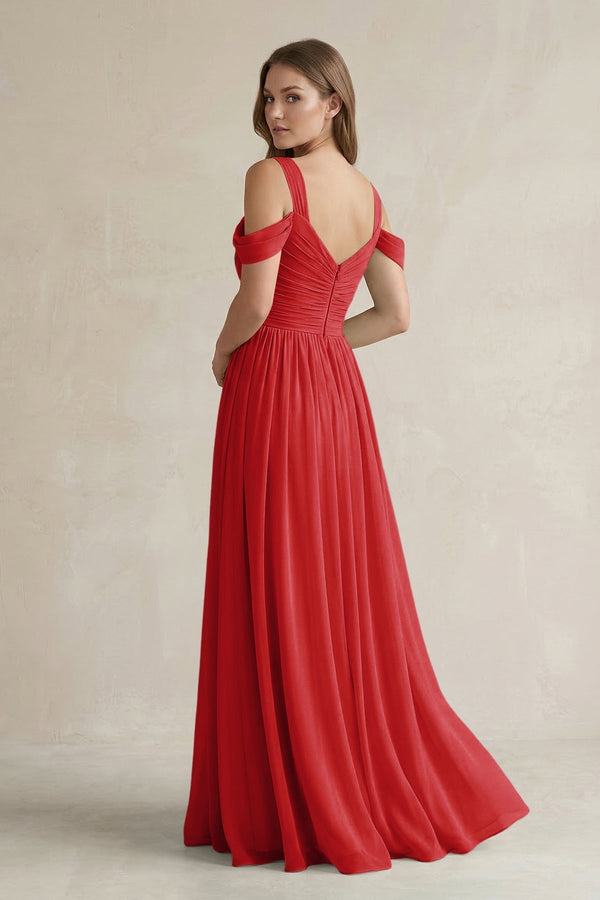 Off - the - Shoulder A - Line Chiffon Bridesmaid Dress With Slit in Ruby Red - KissProm Bridesmaid Dresses