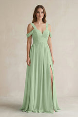 Off - the - Shoulder A - Line Chiffon Bridesmaid Dress With Slit in Sage - KissProm Bridesmaid Dresses