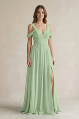 Off - the - Shoulder A - Line Chiffon Bridesmaid Dress With Slit in Sage - KissProm Bridesmaid Dresses