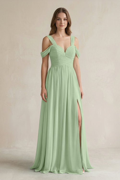 Off - the - Shoulder A - Line Chiffon Bridesmaid Dress With Slit in Sage - KissProm Bridesmaid Dresses