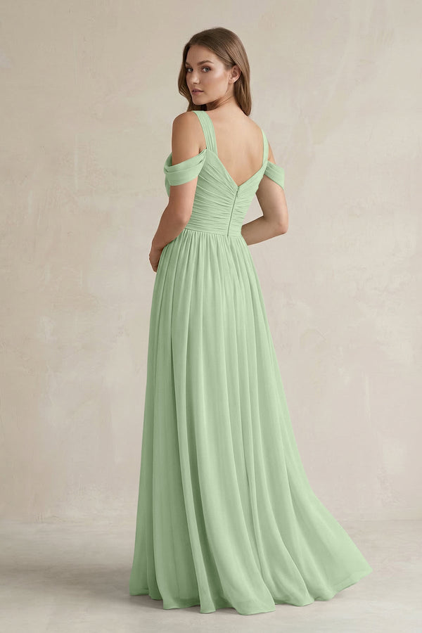 Off - the - Shoulder A - Line Chiffon Bridesmaid Dress With Slit in Sage - KissProm Bridesmaid Dresses