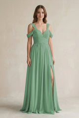 Off - the - Shoulder A - Line Chiffon Bridesmaid Dress With Slit in Sea Glass - KissProm Bridesmaid Dresses