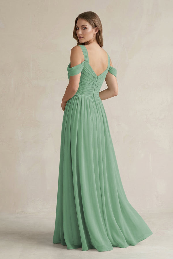 Off - the - Shoulder A - Line Chiffon Bridesmaid Dress With Slit in Sea Glass - KissProm Bridesmaid Dresses