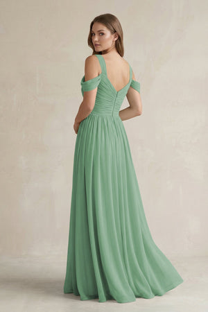 Off - the - Shoulder A - Line Chiffon Bridesmaid Dress With Slit in Sea Glass - KissProm Bridesmaid Dresses