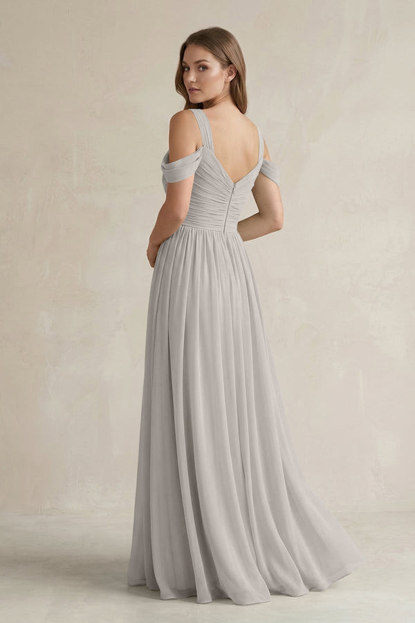 Off - the - Shoulder A - Line Chiffon Bridesmaid Dress With Slit in Silver - KissProm Bridesmaid Dresses