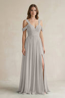 Off - the - Shoulder A - Line Chiffon Bridesmaid Dress With Slit in Silver - KissProm Bridesmaid Dresses