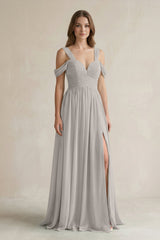 Off - the - Shoulder A - Line Chiffon Bridesmaid Dress With Slit in Silver - KissProm Bridesmaid Dresses