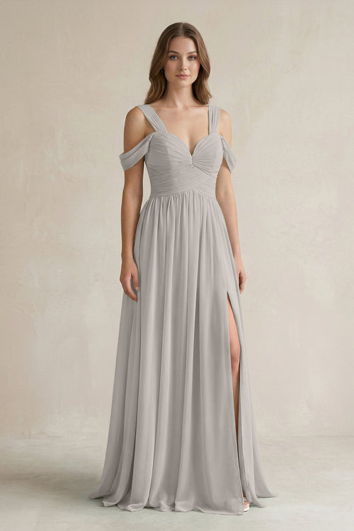 Off - the - Shoulder A - Line Chiffon Bridesmaid Dress With Slit in Silver - KissProm Bridesmaid Dresses