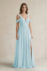 Off - the - Shoulder A - Line Chiffon Bridesmaid Dress With Slit in Sky Blue - KissProm Bridesmaid Dresses