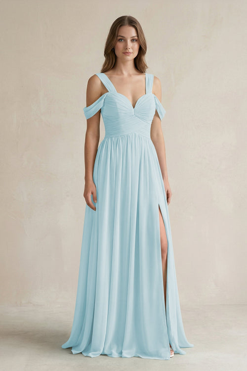 Off - the - Shoulder A - Line Chiffon Bridesmaid Dress With Slit in Sky Blue - KissProm Bridesmaid Dresses
