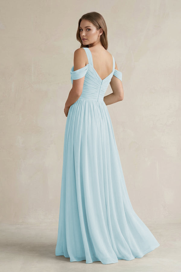 Off - the - Shoulder A - Line Chiffon Bridesmaid Dress With Slit in Sky Blue - KissProm Bridesmaid Dresses