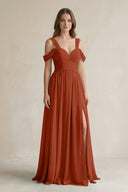 Off - the - Shoulder A - Line Chiffon Bridesmaid Dress With Slit in Spice - KissProm Bridesmaid Dresses