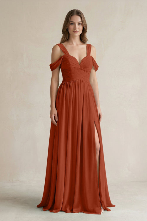 Off - the - Shoulder A - Line Chiffon Bridesmaid Dress With Slit in Spice - KissProm Bridesmaid Dresses