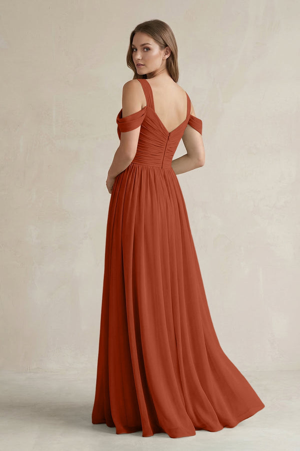 Off - the - Shoulder A - Line Chiffon Bridesmaid Dress With Slit in Spice - KissProm Bridesmaid Dresses