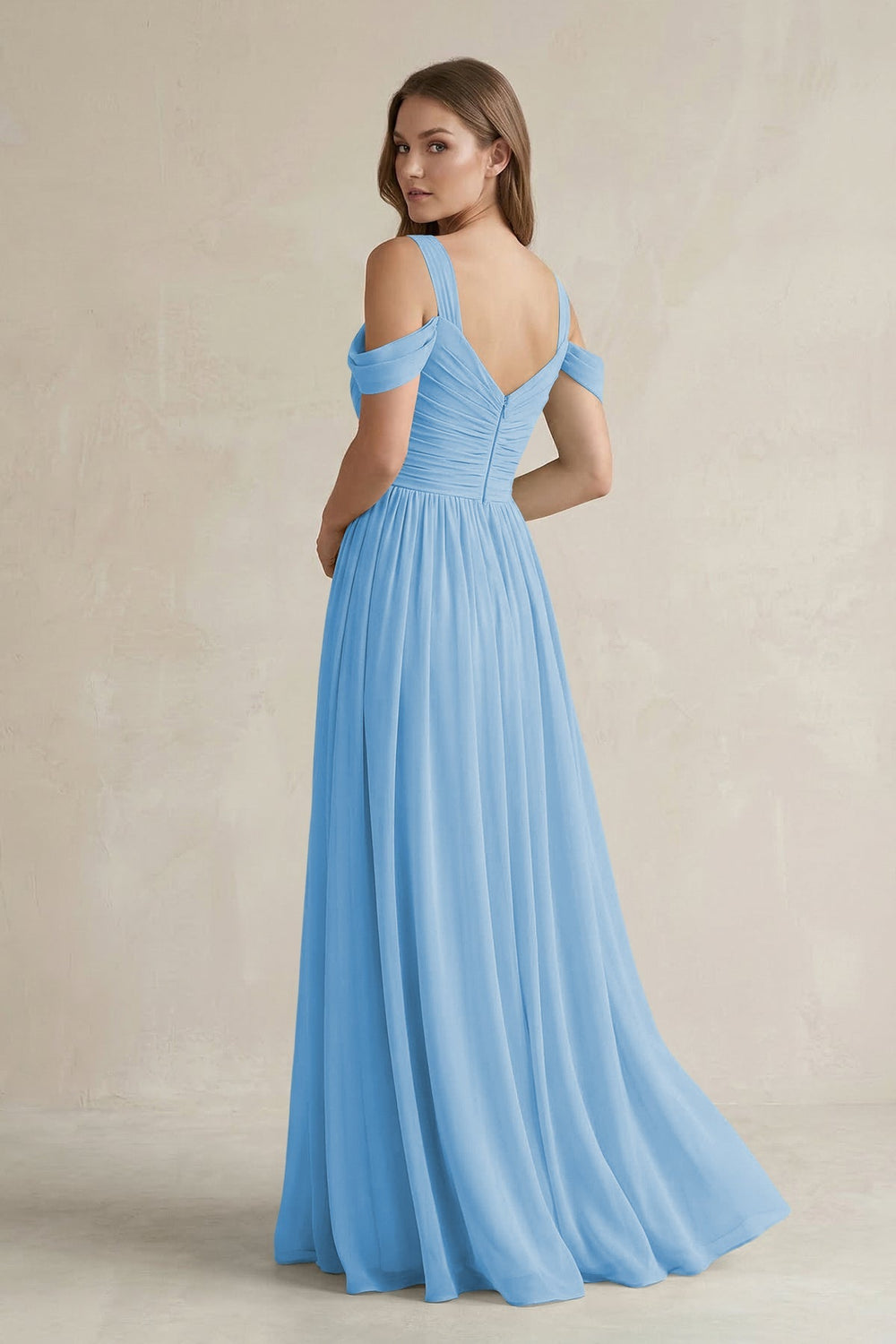 Off - the - Shoulder A - Line Chiffon Bridesmaid Dress With Slit in Steel Blue - KissProm Bridesmaid Dresses
