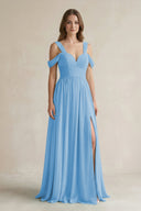 Off - the - Shoulder A - Line Chiffon Bridesmaid Dress With Slit in Steel Blue - KissProm Bridesmaid Dresses