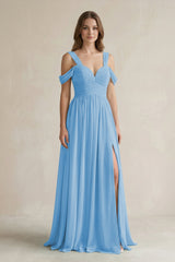 Off - the - Shoulder A - Line Chiffon Bridesmaid Dress With Slit in Steel Blue - KissProm Bridesmaid Dresses