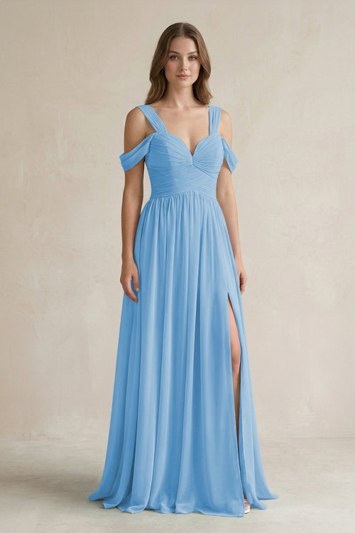 Off - the - Shoulder A - Line Chiffon Bridesmaid Dress With Slit in Steel Blue - KissProm Bridesmaid Dresses