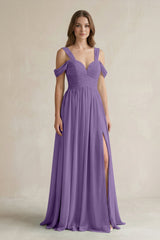 Off - the - Shoulder A - Line Chiffon Bridesmaid Dress With Slit in Tahiti - KissProm Bridesmaid Dresses