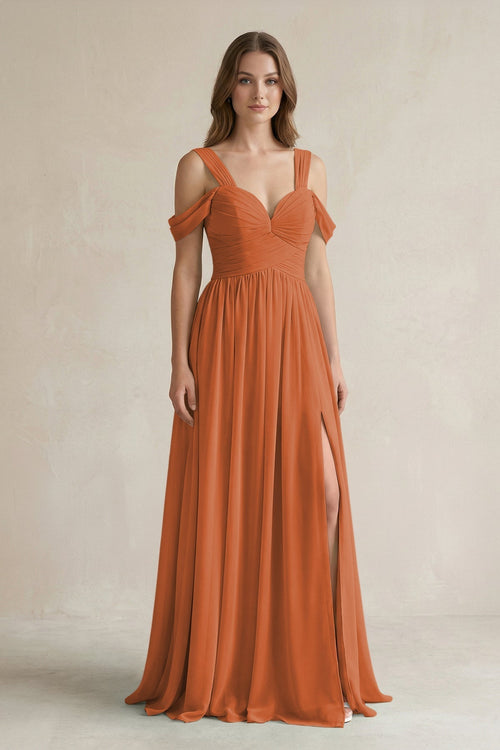 Off - the - Shoulder A - Line Chiffon Bridesmaid Dress With Slit in Terracotta - KissProm Bridesmaid Dresses
