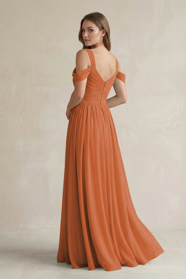 Off - the - Shoulder A - Line Chiffon Bridesmaid Dress With Slit in Terracotta - KissProm Bridesmaid Dresses