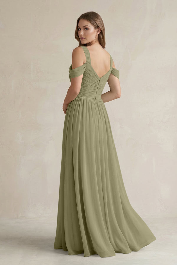Off - the - Shoulder A - Line Chiffon Bridesmaid Dress With Slit in Thyme - KissProm Bridesmaid Dresses