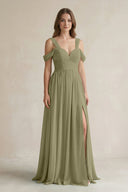 Off - the - Shoulder A - Line Chiffon Bridesmaid Dress With Slit in Thyme - KissProm Bridesmaid Dresses