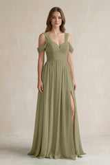 Off - the - Shoulder A - Line Chiffon Bridesmaid Dress With Slit in Thyme - KissProm Bridesmaid Dresses