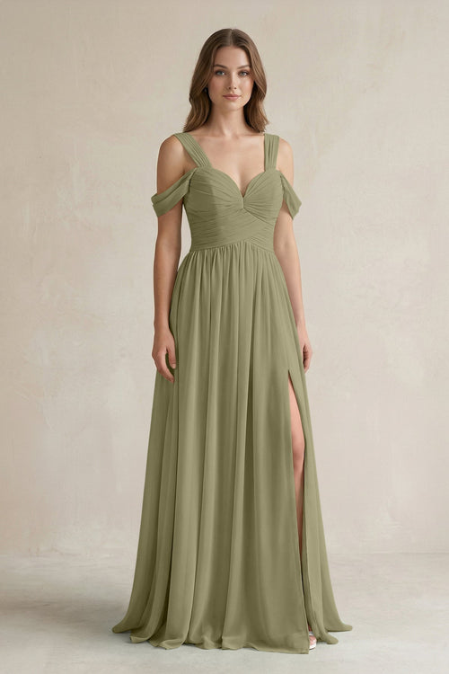 Off - the - Shoulder A - Line Chiffon Bridesmaid Dress With Slit in Thyme - KissProm Bridesmaid Dresses