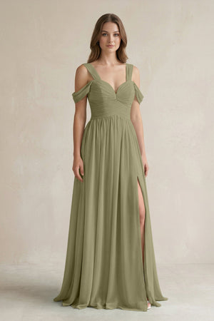 Off - the - Shoulder A - Line Chiffon Bridesmaid Dress With Slit in Thyme - KissProm Bridesmaid Dresses
