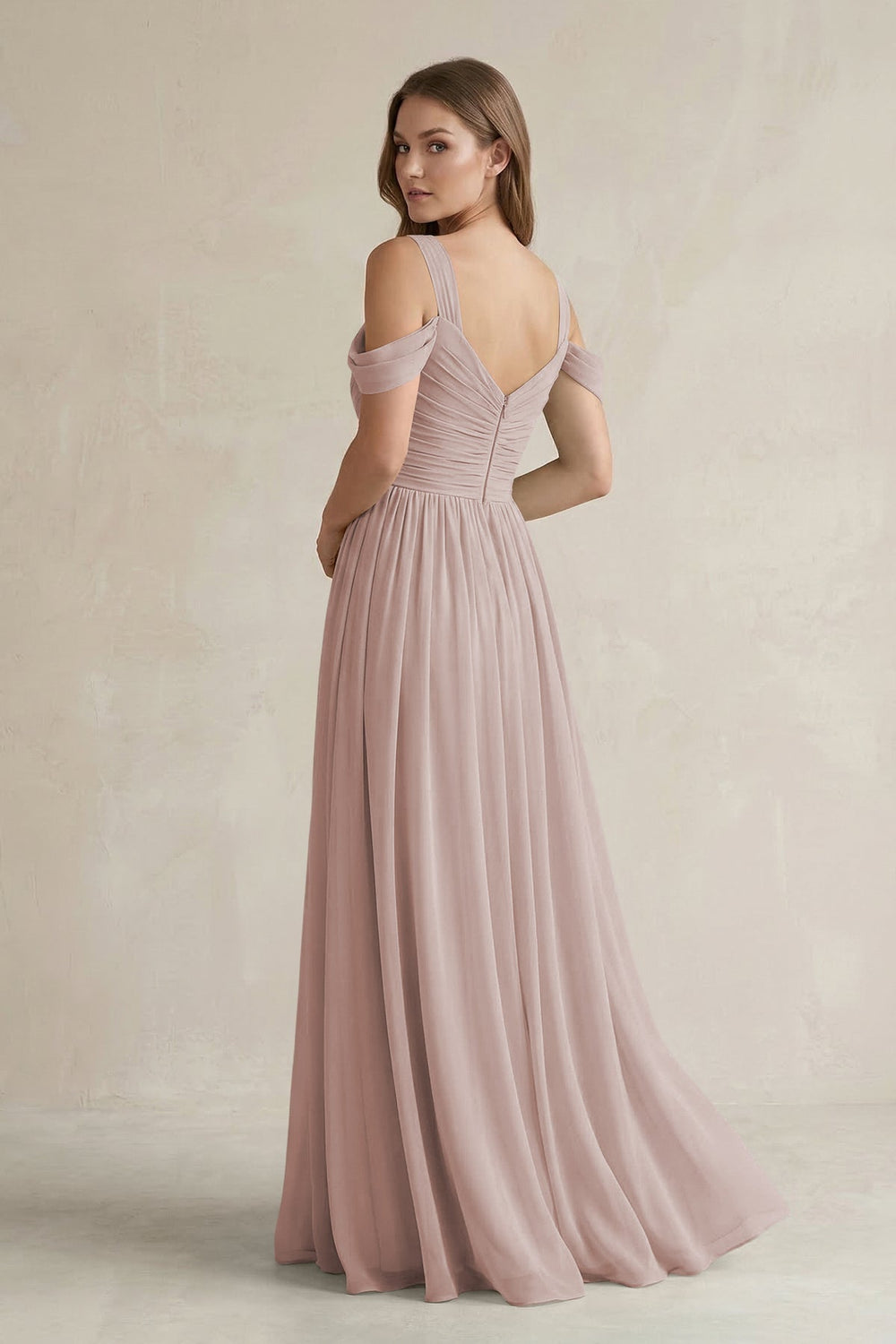 Off - the - Shoulder A - Line Chiffon Bridesmaid Dress With Slit in Toffee - KissProm Bridesmaid Dresses