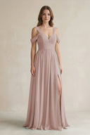 Off - the - Shoulder A - Line Chiffon Bridesmaid Dress With Slit in Toffee - KissProm Bridesmaid Dresses